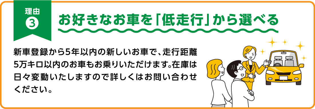 お好きなお車を「低走行」から選べる